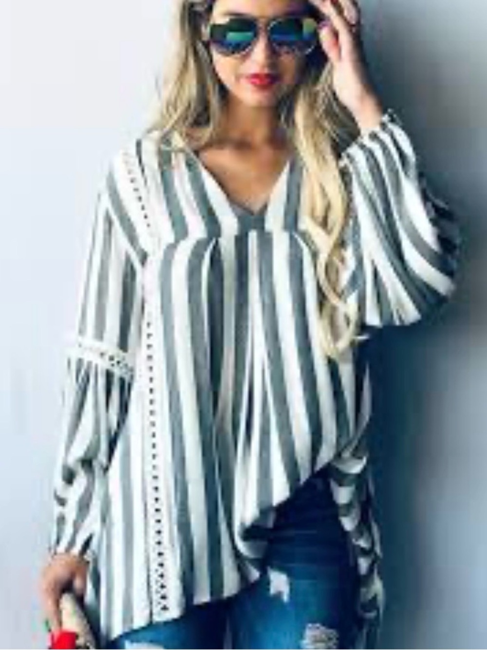 Boutique Boho Stripe Crochet-Trim Tunic Top - Cream & Gray Size S/M